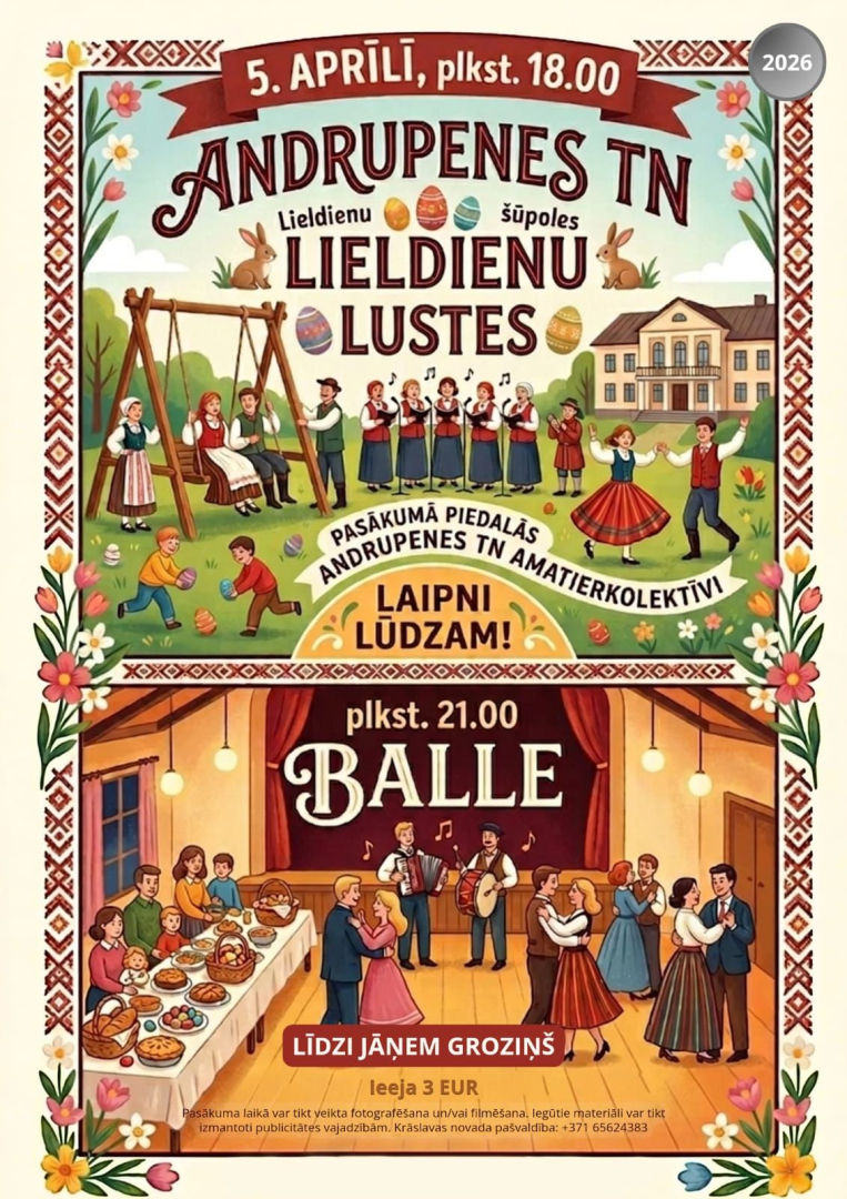 Ilustrēta Lieldienu pasākuma afiša ar cilvēkiem tautastērpos, Lieldienu aktivitātēm un balli ar dejām, mūziku un svētku galdu.
