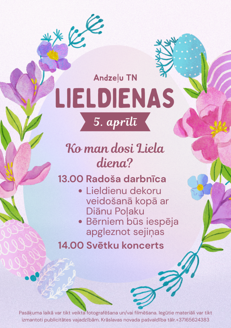 Zīmēti pavasara ziedi un Lieldienu olas. Lieldienu pasākuma afiša.
