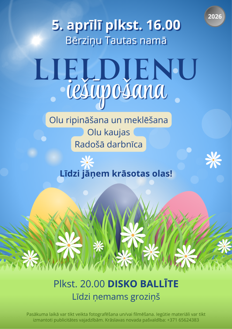 Krāsainas Lieldienu olas zālē un pavasara ziedi. Lieldienu pasākuma afiša.