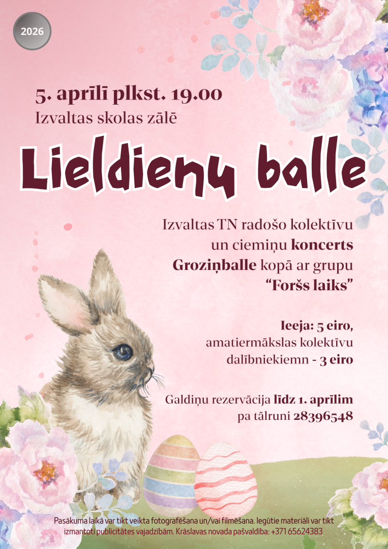 Zīmēts zaķis, krāsainas Lieldienu olas un ziedu motīvi uz rozā fona. Pasākuma afiša.