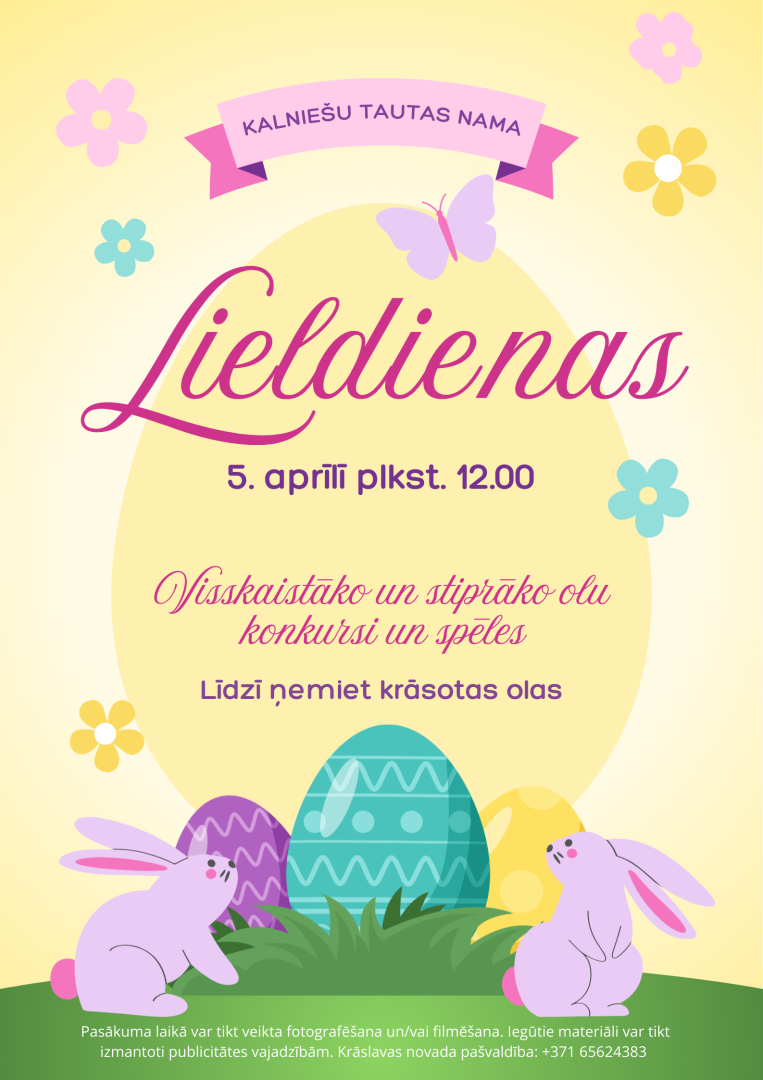 Zīmēti zaķi, krāsainas Lieldienu olas un pavasara ziedi. Lieldienu pasākuma afiša.