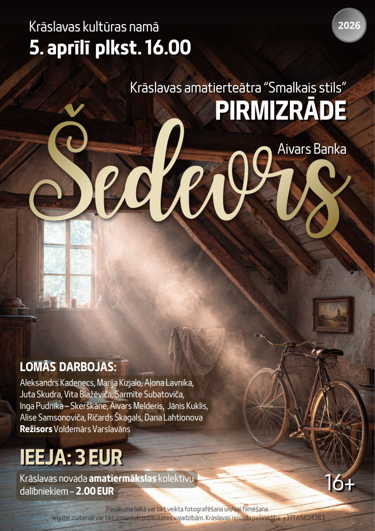 Bēniņu interjers ar velosipēdu un gaismas stariem. Teātra izrādes afiša.