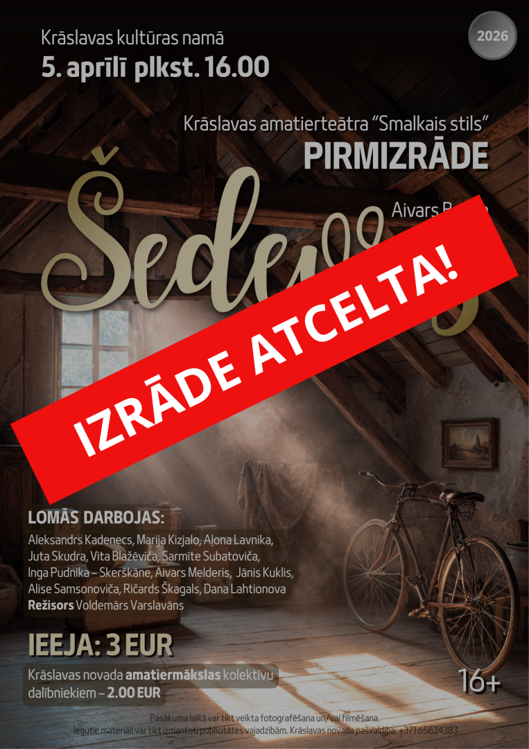Bēniņu interjers ar velosipēdu un gaismas stariem. Paziņojums par teātra izrādes atcelšanu.