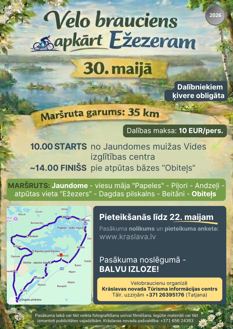 Velobrauciena afiša ar dabas ainavu – ezeru, salām un zaļiem kokiem, dekorēta ar pavasara ziediem.