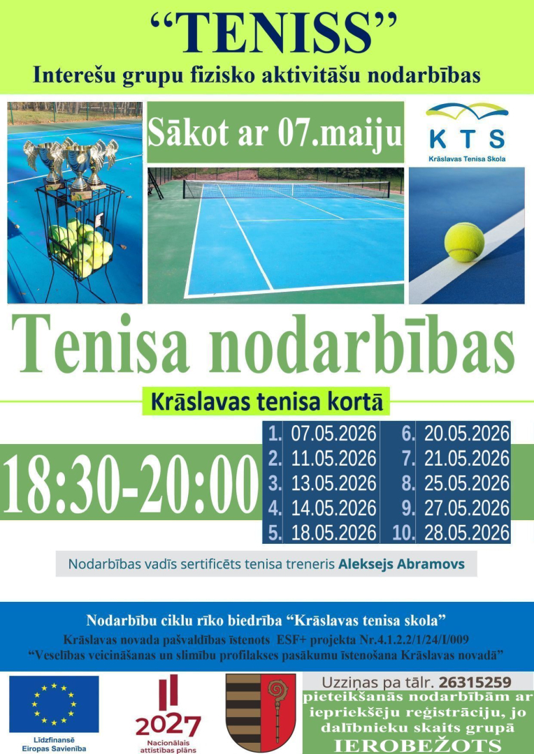 Tenisa korts, bumbiņas un kausi. Pasākuma afiša