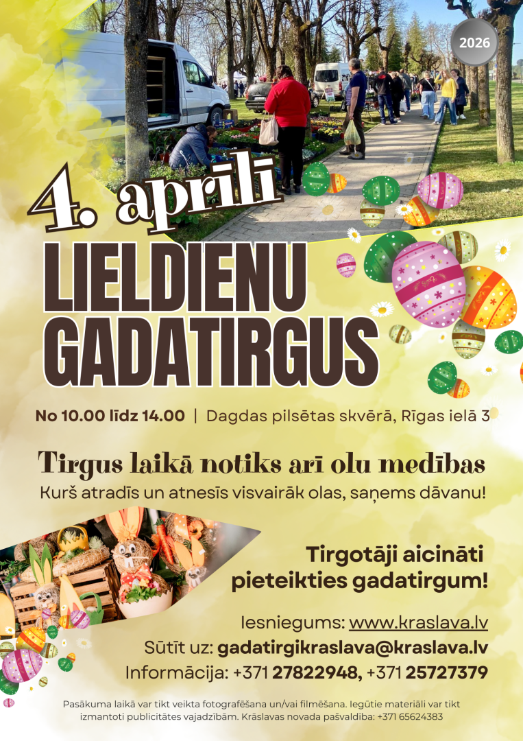 Āra tirdziņš ar cilvēkiem un stendiem, dekoratīvas Lieldienu olas un pavasara rotājumi. Lieldienu gadatirgus afiša