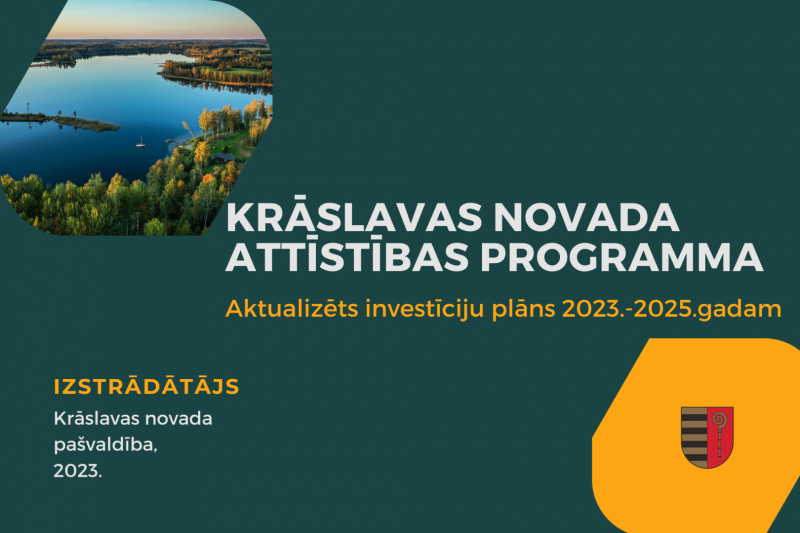 Uzraksts "Krāslavas novada attīstības programma; Aktualizēts investīciju plāns 2023.-2025.gadam"