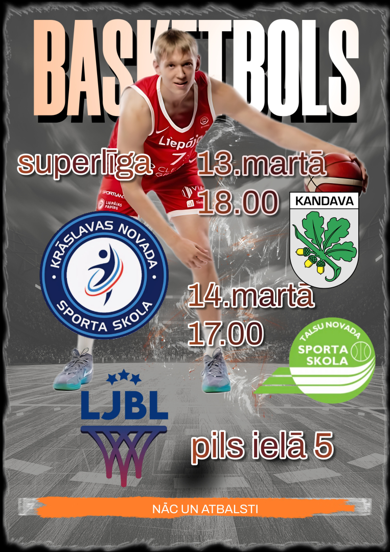 Basketbolists sarkanā formā driblē bumbu. Basketbola spēles afiša.