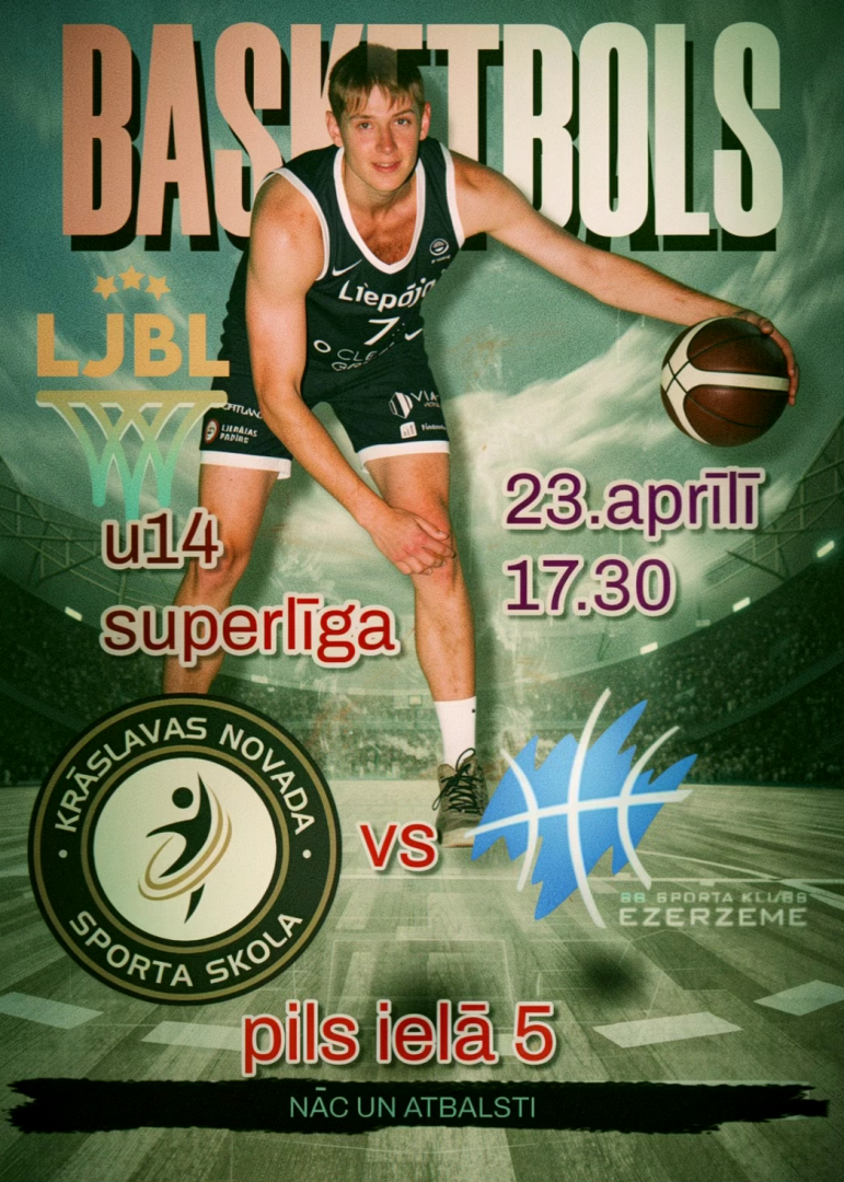 Basketbolists zilā formā driblē bumbu. Basketbola spēles afiša.