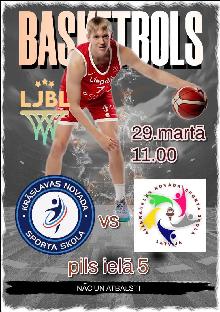 Basketbolists sarkanā formā driblē bumbu. Basketbola spēles afiša.