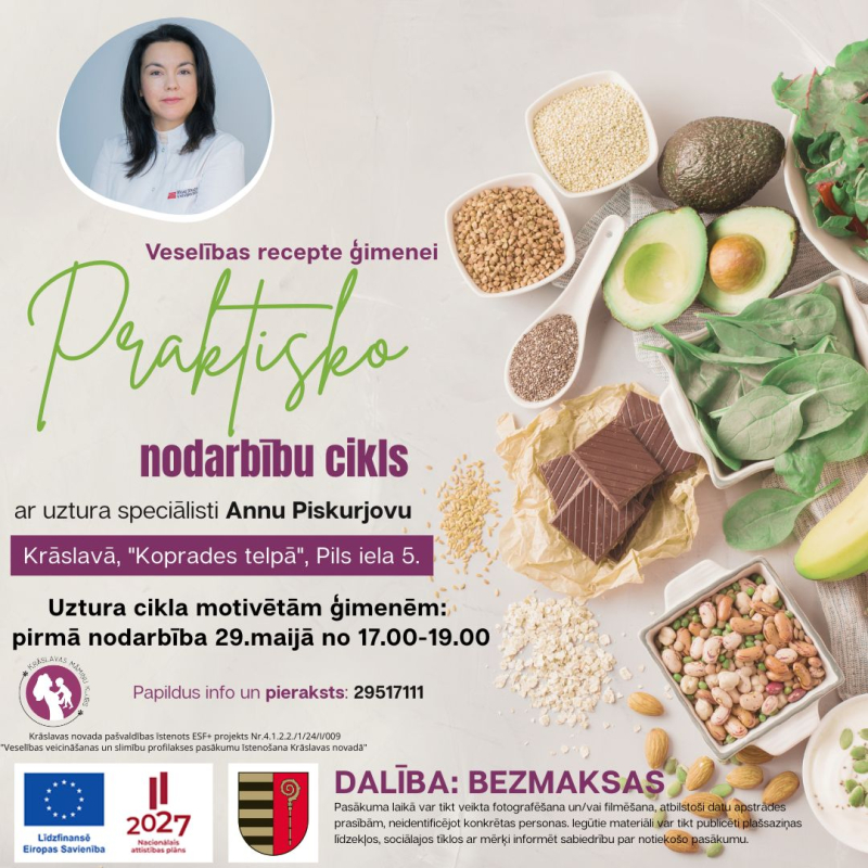 Veselīgi produkti un uztura speciālistes foto. Pasākuma afiša.