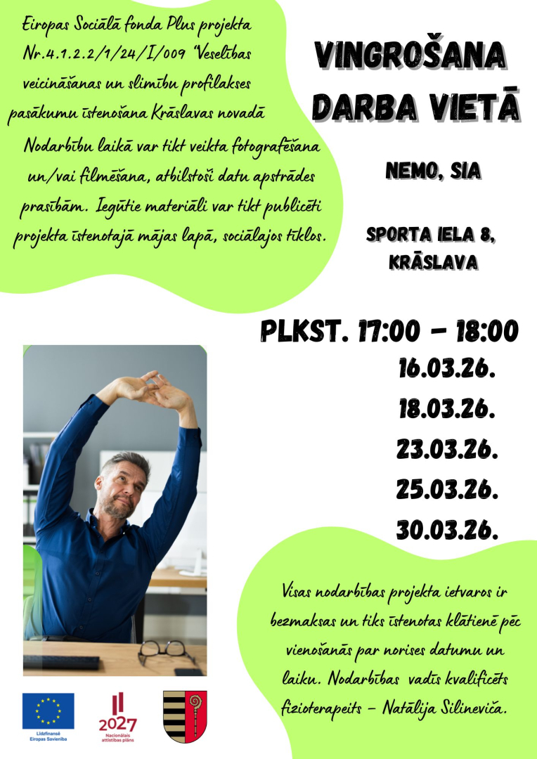 Bīrietis, kas birojā veic stiepšanās vingrinājumu. Afiša vingrošanas nodarbībām darba vietā.