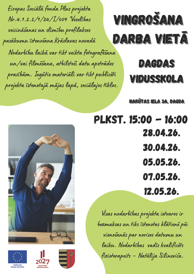 Vīrietis, kas birojā veic stiepšanās vingrinājumu. Afiša vingrošanas nodarbībām darba vietā.