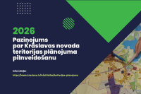Cilvēki strādā ar karti. Krāslavas novada teritorijas plānojuma izstrādes publicitātes attēls.