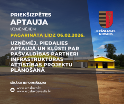 Aicinājums uzņēmējiem piedalīties priekšizpētes aptaujā. Dzeltenu angāru foto fonā.