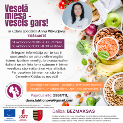 Reklāmas plakāts par tiešsaistes lekciju. Fons ar augļiem, dārzeņiem, riekstiem un pākšaugiem.