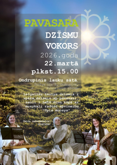 Pavasarīga daba, trīs muzikanti baltos tērpos ar instrumentiem. Pasākuma afiša.