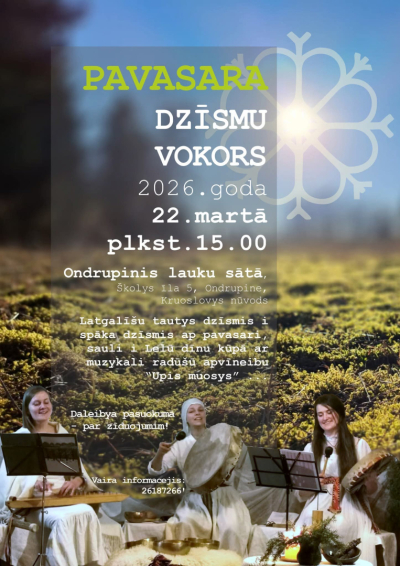 Pavasarīga daba, trīs muzikanti baltos tērpos ar instrumentiem. Pasākuma afiša.