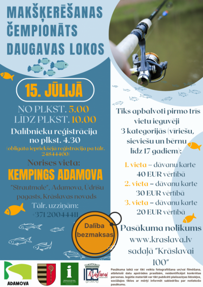Makšķerēšanas čemionāts Daugavas lokos 15.jūlijā no plkst.05.00 līdz plkst.10.00