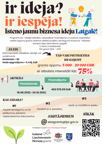 Projektu konkursa “Atbalsts biznesa ideju īstenošanai Latgalē” EEZ grantu 2014.–2021. gada perioda programmas “Vietējā attīstība, nabadzības mazināšana un kultūras sadarbība” afiša