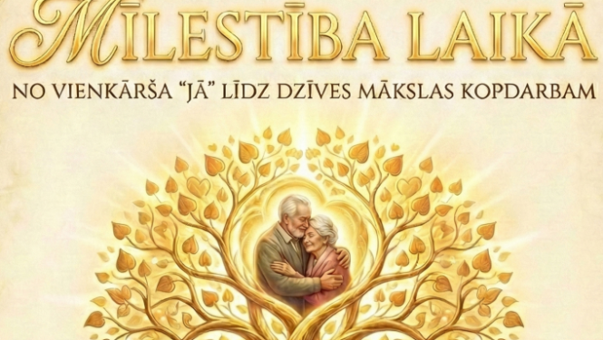Stilizēts dzīvības koks, kura zaros attēloti pāra kopdzīves mirkļi no jaunības līdz sirmam vecumam. Pasākuma afiša.