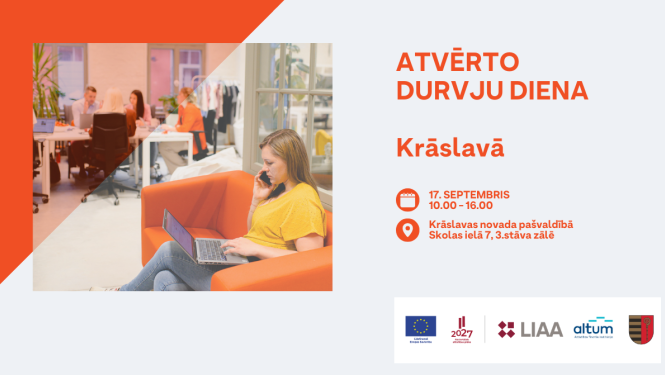 Cilvēki sarunājas un strādā ar datoriem plašā telpā. Pasākuma afiša.