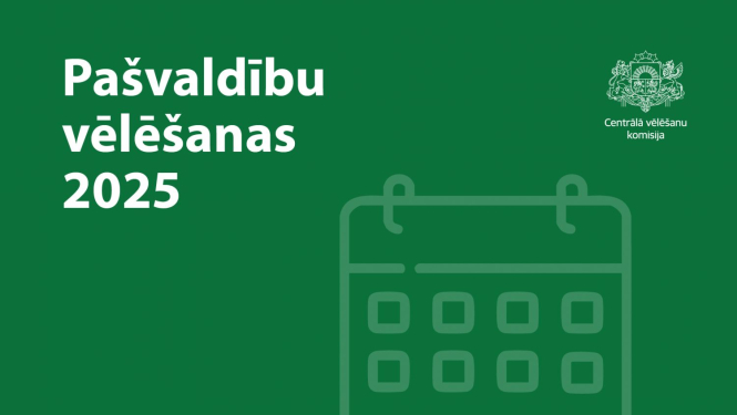 Uzraksts "Pašvaldību vēlēšanas 2025" baltiem burtiem uz zaļa fona
