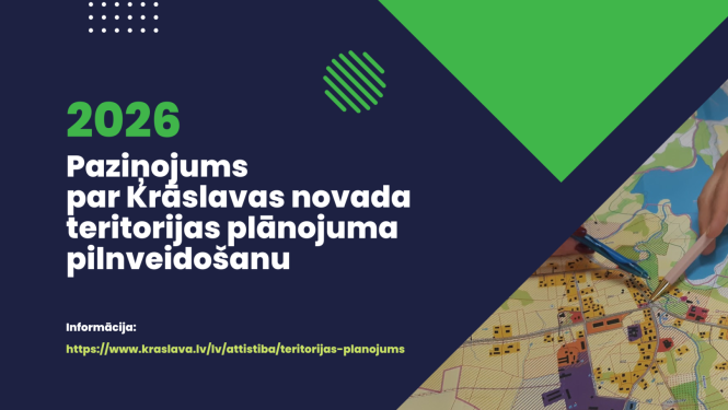 Cilvēki strādā ar karti. Krāslavas novada teritorijas plānojuma izstrādes publicitātes attēls.