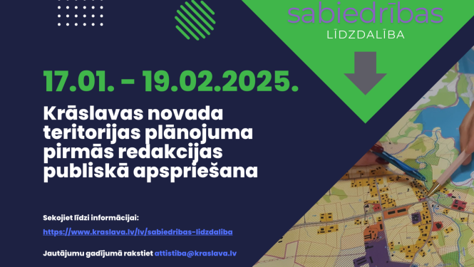 Cilvēki strādā ar karti. Krāslavas novada teritorijas plānojuma izstrādes publicitātes attēls.