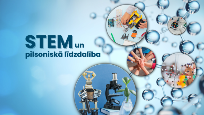 Attēli aplīšos ar STEM nozari saistītiem priekšmetiem (Roboti, mikroskops, molekulas u.c.)