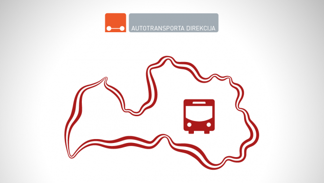 Autotransporta direkcijas logo, zem kura ir Latvijas konturs ar autobusa simbolu tajā