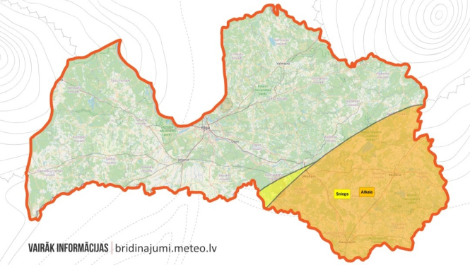 Latvijas kartes kontūrs ar iekrāsotu oranžā brīdinājuma zonu