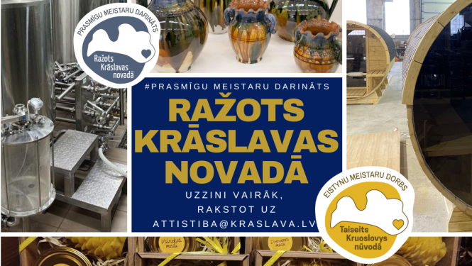 Preču zīmes "Ražots Krāslavas novadā" afiša, kurā redzami produkti, kas ražoti ar šo zīmi