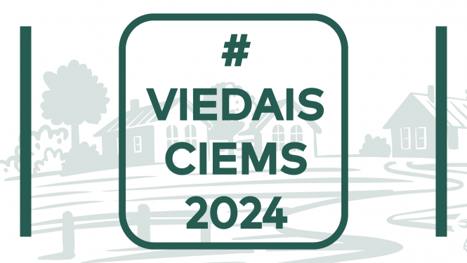 Datorgrafikā uzzīmēts ciems, uzraksts #VIEDAISCIEMS2024