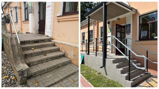 Pirms: Nolietotas āra kāpnes ar plaisām un bojātu sienas apmetumu; Pēc: Atjaunotas kāpnes ar jaunu margu sistēmu un pārsegumu.