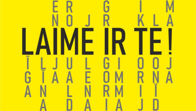 Izstādes afiša. Teksts uz dzeltena fona.