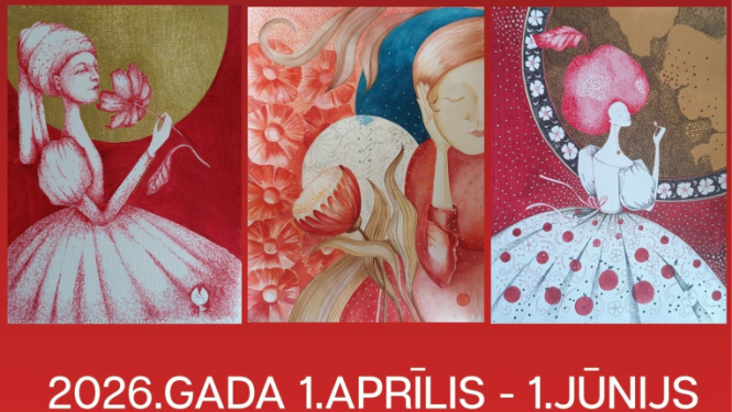 Trīs Maijas Šuļgas mākslas darbu fragmenti. Izstādes afiša.