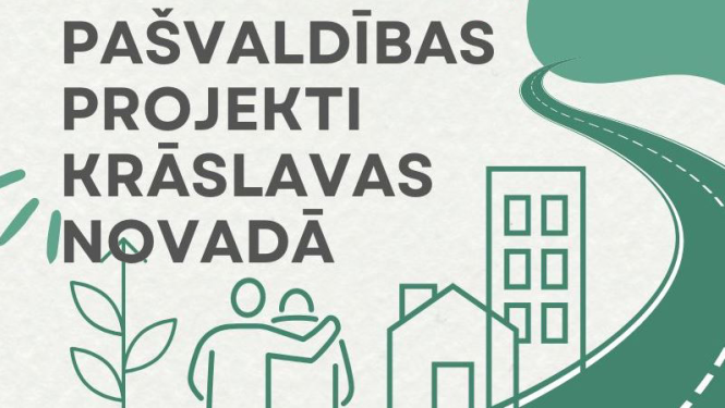 Grafiskie elementi ar pilsētas elementiem; uzraksts "PAŠVALDĪBAS PROJEKTI KRĀSLAVAS NOVADĀ"
