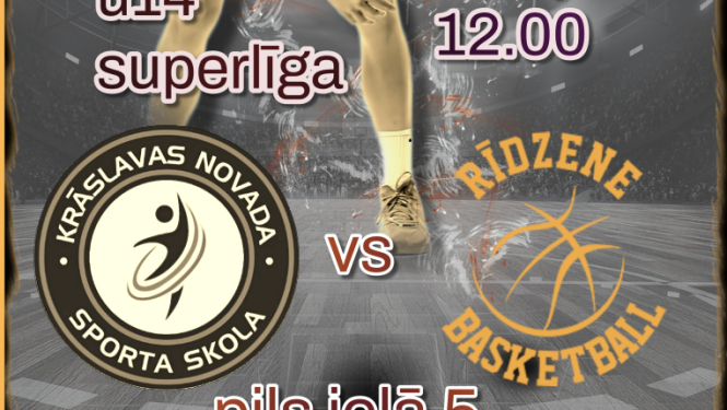 Basketbolists melnā formā driblē bumbu. Basketbola spēles afiša.