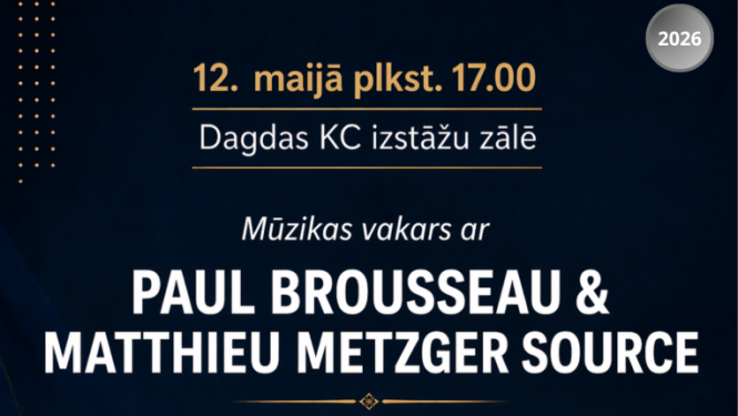 Sēž divi mūziķi. Pasākuma afiša.