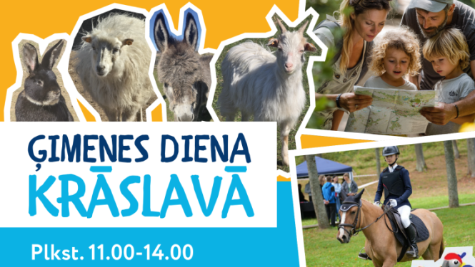 Ģimene, dzīvnieki, peipūšamās atrakcijas un saldumi. Pasākuma afiša.