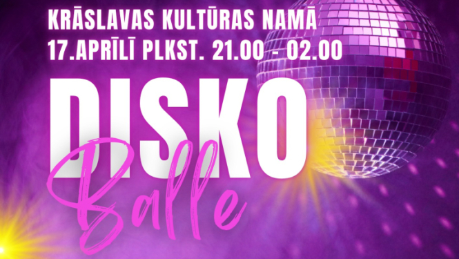 Krāsainā violeti rozā disko balles afiša ar disko bumbu