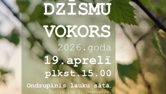 Pavasarīga daba, trīs muzikanti baltos tērpos ar instrumentiem. Pasākuma afiša.