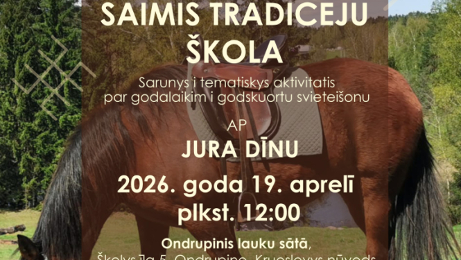 Brūns zirgs ganībās. Pasākuma afiša.