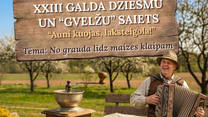 Uz galda redzami graudi, dzirnaviņas un maize, fonā vīrietis spēlē akordeonu. Pasākuma afiša