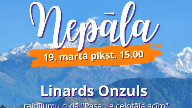 Pasākuma afiša ar Himalaju kalniem un Nepālas pilsētas panorāmu