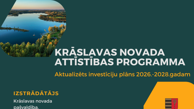 Skats uz Daugavu. Uzraksts uz attēla "Krāslavas novada attīstības programma; Aktualizēts investīciju plāns 2026.-2028.gadam"