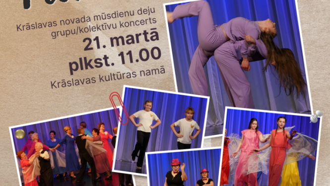 Afiša ar vairākām deju kolektīvu fotogrāfijām un pūpoliem