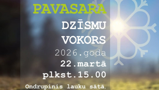 Pavasarīga daba, trīs muzikanti baltos tērpos ar instrumentiem. Pasākuma afiša.