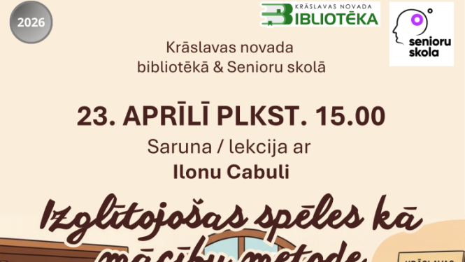 Ilustrācija ar senioriem pie galda, kuri lieto planšetdatorus. Pasākuma afiša.